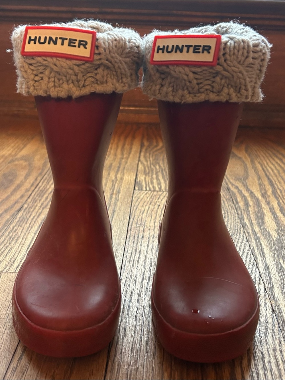 Hunter Kids Burgundy Rain Boots with Knit sock